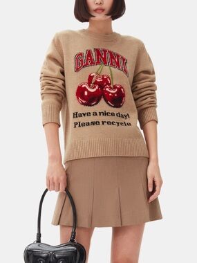 Ganni Camel Graphic Cherry Sweater